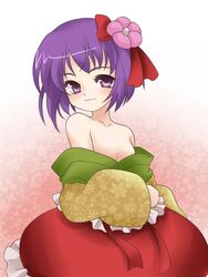  bare_shoulders collarbone commentary_request female flower hair_flower hair_ornament hieda_no_akyuu japanese_clothes kotomi_(happy_colors) off_shoulder purple_eyes purple_hair seductive_smile short_hair sitting smile solo touhou 