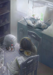  breakfast chopsticks commentary_request copyright_request female glass kitchen lolicon messy_room newspaper oota_alisa photoshop_(medium) realistic sleeping solo soy_sauce soy_sauce_bottle tissue tissue_box 