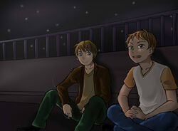  2boys black_eyes black_jacket blonde_hair blue_eyes brown_hair cigarette commentary david_hoover jacket male_focus multiple_boys night night_sky open_mouth paul_martin qianshui_zhong sitting sky smile the_crooked_man 