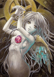  acrylic_paint_(medium) barcode chained chains colored_skin commentary_request crystal cuffs female gears grey_hair jewelry long_hair monster_girl navel nude original painting_(medium) solo toyoda_izumi traditional_media white_skin wings 