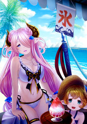  2girls bare_shoulders beach bikini blonde_hair blue_eyes breasts cleavage collarbone commentary_request cowboy_shot day draph food granblue_fantasy hair_ornament hair_over_one_eye horns koko_(koko3) large_breasts light_purple_hair long_hair looking_at_viewer low-tied_long_hair low_twintails multiple_girls narmaya_(granblue_fantasy) narmaya_(summer)_(granblue_fantasy) navel official_alternate_costume outdoors parted_lips photoshop_(medium) pointy_ears shaved_ice short_hair sierokarte smile stomach swimsuit thighlet twintails very_long_hair white_bikini 