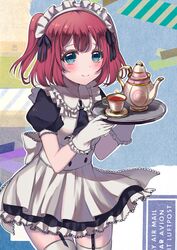  apron aqua_eyes black_tea blush commentary_request cup female fuyuzima garter_straps gloves highres kurosawa_ruby love_live! love_live!_sunshine!! maid maid_headdress red_hair short_hair skirt smile solo tea teacup teapot thighhighs tray two_side_up white_gloves white_thighhighs 