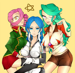  3girls akarino7 blue_hair breasts commentary_request drill_hair glasses green_hair hair_over_one_eye inazuma_eleven inazuma_eleven_(series) large_breasts long_hair multiple_girls nitou_honoka one_eye_closed pink_hair purple_eyes takanashi_shinobu thighhighs urubida 