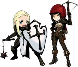  2girls :o amuscaria arm_up armor bad_id bad_pixiv_id black_hair blonde_hair blue_eyes bodysuit boots breastplate buckle cross crossbow crusader_(diablo_3) demon_hunter diablo diablo_(series) diablo_3 fantasy faulds fighting_stance fishnets flail full_body gauntlets gloves greaves grin hand_on_own_hip harness high_heel_boots high_heels holding hood legs_apart long_hair looking_afar looking_at_viewer multiple_girls open_mouth orange_eyes pauldrons pouch sheath sheathed shield short_hair shoulder_armor shouting sidelocks smile standing tabard thigh_pouch transparent_background vambraces weapon 