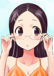  adjusting_eyewear bare_shoulders black_eyes black_hair blush_stickers close-up commentary_request female glasses hair_ornament hairclip hands_up long_hair looking_to_the_side okara parted_lips photoshop_(medium) saitou_kaede_(yama_no_susume) solo swimsuit triangle_mouth yama_no_susume 