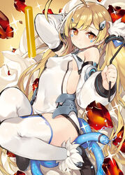  aemochi ahoge azur_lane bad_id bad_pixiv_id black_footwear blonde_hair blush breasts brown_eyes brown_hair commentary_request covered_navel detached_sleeves eldridge_(azur_lane) electric_plug facial_mark female fur_trim gradient_hair holding knee_up leotard long_hair looking_at_viewer low_twintails multicolored_hair parted_lips shoes small_breasts solo sparkle tail thighhighs thighs twintails very_long_hair white_leotard white_thighhighs 