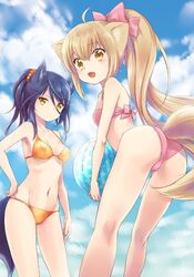  2girls :d amano_sakuya animal_ears ass bikini blonde_hair blue_hair breasts cloud commentary_request day fox_ears fox_tail konohana_kitan long_hair medium_breasts multiple_girls navel oerba_yun_fang official_art open_mouth outdoors ponytail satsuki_(konohana_kitan) sky small_breasts smile swimsuit tail yellow_eyes yuzu_(konohana_kitan) 