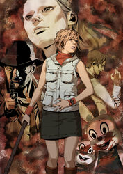  blonde_hair breasts claudia_wolf commentary_request douglas_cartland heather_mason jacket long_hair multiple_boys multiple_girls oda_takayuki robbie_the_rabbit short_hair silent_hill_(series) silent_hill_3 sleeveless sleeveless_turtleneck turtleneck vest vincent_(silent_hill) 