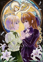  2girls acrylic_paint_(medium) angel angel_wings bad_id bad_pixiv_id black_dress blonde_hair blue_eyes bow breasts brown_eyes brown_hair choker cleavage dress eye_contact feathered_wings feathers flower hair_ribbon hairbow holding_hands lily_(flower) long_hair long_sleeves looking_at_another medium_breasts multiple_girls original own_hands_together painting_(medium) profile ribbon ribbon_choker sad short_hair skirt toyoda_izumi traditional_media wavy_hair wings yuri 