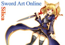  animal_ears armor black_thighhighs blonde_hair breastplate cat_ears cat_girl commentary_request copyright_name dagger dc5 ebon_dagger feet_out_of_frame female holding holding_dagger holding_knife holding_weapon knife long_sleeves miniskirt pleated_skirt red_eyes short_hair short_twintails silica silica_(sao-alo) skirt sword_art_online thighhighs thighs twintails weapon zettai_ryouiki 