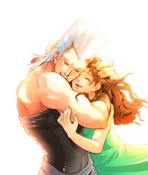  1boy brother_and_sister brown_hair commentary_request female grey_hair hug jean_pierre_polnareff jojo_no_kimyou_na_bouken kamihitoe sherry_polnareff siblings tall_hair 