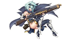  aqua_hair armor armored_boots awakening_(sennen_sensou_aigis) belt blue_eyes boots cape clothes_between_thighs female fingerless_gloves full_body gloves gochou_(kedama) goggles goggles_on_head gun high_heels holding holding_gun holding_weapon official_art open_mouth pelvic_curtain rosel_(sennen_sensou_aigis) sennen_sensou_aigis short_hair solo thigh_boots thighhighs transparent_background weapon 