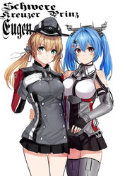  2girls absurdres anchor_hair_ornament bare_shoulders blonde_hair blue_eyes blue_hair breasts commentary_request cross crossover detached_sleeves fingerless_gloves gloves hair_ornament hand_on_another&#039;s_hip hat highres historical_name_connection iron_cross kantai_collection long_hair looking_at_viewer medium_breasts microskirt military military_uniform multiple_girls name_connection peaked_cap prinz_eugen_(kancolle) prinz_eugen_(mod)_(warship_girls_r) prinz_eugen_(warship_girls_r) red_eyes skirt smile thighhighs translated tuziki_sang twintails uniform warship_girls_r white_gloves 