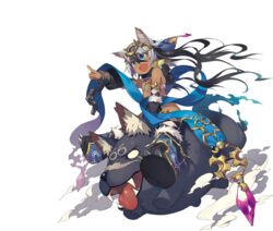  666 animal animal_ears black_hair blue_eyes boots dark-skinned_female dark_skin detached_sleeves fangs female floating_hair full_body hair_between_eyes katou_itsuwa long_hair oerba_yun_fang official_art open_mouth outstretched_arm pointing puniru_(sennen_sensou_aigis) riding sennen_sensou_aigis solo thigh_boots thighhighs transparent_background 