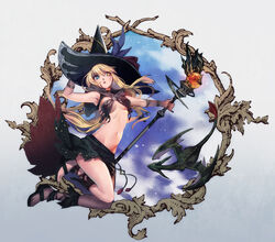  black_mage_(final_fantasy) blonde_hair blue_eyes breasts cloud cloudy_sky commentary_request dragon female final_fantasy final_fantasy_xiv hat heterochromia holding holding_staff lino_chang long_hair medium_breasts midgardsormr_(final_fantasy) navel parted_lips photoshop_(medium) sandals sky solo staff underboob warrior_of_light_(ff14) witch_hat yellow_eyes 