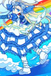  animal bird blonde_hair blue_eyes blue_ribbon blue_sky boots cloud commentary_request dove dress earrings female flower frilled_dress frills hair_flower hair_ornament hairband highres jewelry long_hair long_sleeves nagare750 noah_(p&amp;d) puffy_long_sleeves puffy_sleeves puzzle_&amp;_dragons rainbow ribbon rose sky solo star_(sky) starry_sky white_flower white_footwear white_rose 