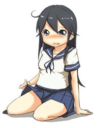  ahoge black_hair blush clothes_lift commentary_request female ito_(itokayu) kantai_collection long_hair looking_at_viewer open_mouth school_uniform serafuku sitting skirt skirt_lift solo tears ushio_(kancolle) wavy_mouth 