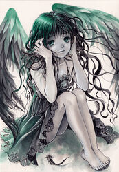  acrylic_paint_(medium) angel_wings barefoot black_dress black_wings commentary_request dress feathered_wings feathers feet female green_eyes hands holding holding_own_hair legs lips long_hair millipen_(medium) nail_polish original painting_(medium) pale_skin sad sitting sleeveless solo toenail_polish toenails toyoda_izumi traditional_media wavy_hair wings 