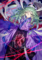  1other alternate_hairstyle androgynous blood blood_splatter bone commentary_request detached_sleeves ex-sese green_eyes green_hair highres japanese_clothes kitsugai_sese len&#039;en long_hair other_focus photoshop_(medium) skull-shaped_hat solo wei_li 