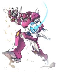  2boys bad_link casing_ejection cyclonus ddaroll gun holding horns mecha multiple_boys robot running science_fiction shell_casing tailgate_(transformers) the_transformers_(idw) transformers weapon 