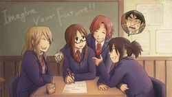  4girls aged_down bad_id bad_pixiv_id black_hair bonjin brown_eyes brown_hair chalkboard death_devil della_(k-on!) desk english_text glasses horigome_(k-on!) jane_(k-on!) juice_box k-on! kawaguchi_norimi long_hair multiple_girls ponytail sakuragaoka_high_school_uniform school_desk school_uniform short_hair teenage yamanaka_sawako 