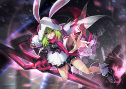  animal_hood bad_id bad_pixiv_id blurry commentary_request dutch_angle eiruby_(forever_7th_capital) female forever_7th_capital green_hair hood inline_skates long_hair looking_at_viewer observerz official_art open_mouth purple_eyes reaching reaching_towards_viewer roller_skates scarf scissors shorts skates solo 