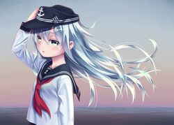  blush commentary_request female green_eyes grey_hair hand_on_headwear hane_yoshiyumi hat haze hibiki_(kancolle) highres kantai_collection long_hair looking_at_viewer revision school_uniform serafuku sky solo water 