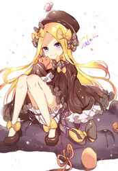  abigail_williams_(fate) absurdres bad_id bad_pixiv_id black_bow black_dress black_footwear black_hat blonde_hair bloomers bow bug butterfly closed_mouth commentary dress fate/grand_order fate_(series) female hairbow hat head_tilt high_heels highres hiro_(14806390) holding holding_stuffed_toy long_hair long_sleeves looking_at_viewer orange_bow parted_bangs polka_dot polka_dot_bow purple_eyes sitting sitting_on_object sleeves_past_wrists smile solo star_(symbol) starry_background stuffed_animal stuffed_toy teddy_bear underwear very_long_hair white_background white_bloomers 