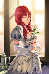  breasts bridal_gauntlets cleavage commentary_request dragon_nest female flower lena_(dragon_nest) lvans medium_breasts photoshop_(medium) red_eyes red_hair solo 