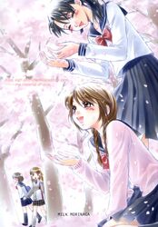  2girls black_hair braid cherry_blossoms fujimori_hitomi holding_hands kobayashi_nana kuchibiru_tameiki_sakurairo morinaga_milk multiple_girls narumi_abe school_uniform serafuku tachiba 