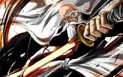  1boy bald beard bleach facial_hair japanese_clothes long_beard looking_at_viewer male male_focus nekominase old_man scar sheath solo sword unsheathing weapon white_hair yamamoto-genryuusai_shigekuni 