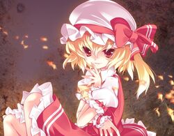  ascot bad_id bad_pixiv_id blonde_hair blush chihiro4649 female fire flandre_scarlet hat hat_ribbon light_smile oerba_yun_fang open_mouth red_eyes ribbon short_hair side_ponytail sitting skirt solo touhou wrist_cuffs 