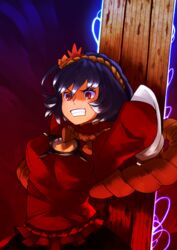  angry arms_behind_head bad_id bad_pixiv_id clenched_teeth energy female glowing hair_ornament highres imminent_throw leaf nosuku onbashira purple_hair red_eyes rope shimenawa short_hair solo teeth touhou yasaka_kanako 