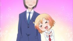  &gt;_&lt; 1boy :d animated animated black_hair blazer blush closed_eyes female happy height_difference jacket kotoura-san kotoura_haruka manabe_yoshihisa mukunoki_nanatsu necktie open_mouth orange_eyes orange_hair rubbing school_uniform serafuku short_hair smile sonna_koto_ura_no_mata_urabanashi_desho? xd 