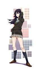  black_hair cardigan commentary_request cosplay female hibike!_euphonium highres idolmaster idolmaster_cinderella_girls kousaka_reina long_hair necktie photoshop_(medium) purple_eyes sanada_(tony2035176) school_uniform shibuya_rin shibuya_rin_(cosplay) skirt solo 