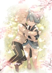  2boys ^_^ blue_eyes blue_hair blurry cherry_blossoms closed_eyes commentary_request depth_of_field gokotai hair_over_one_eye hug japanese_clothes male_focus multiple_boys ponytail sayo_samonji shorts smile touken_ranbu ui_(majiwi) white_hair 