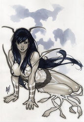  adam_hughes antennae black_hair breasts cleavage commentary_request deviantart_sample dress female grey_background image_sample large_breasts long_hair mantis_(marvel) marvel solo white_dress 