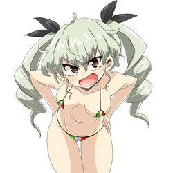  anchovy_(girls_und_panzer) aono3 bikini breasts commentary_request cowboy_shot drill_hair female flag_print girls_und_panzer green_hair hair_ribbon hands_on_own_hips highres italian_flag italian_flag_bikini long_hair looking_at_viewer medium_breasts micro_bikini open_mouth print_bikini red_eyes ribbon simple_background smile solo standing swimsuit twin_drills twintails white_background 