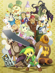  2girls 6+boys alfonzo anjean armor bird black_hair blonde_hair byrne_(zelda) camera chancellor_cole chicken commentary_request cucco dark_nut goron hat linebeck link locomotive mailman multiple_boys multiple_girls niko_(zelda) princess_zelda purple_hair rabbit shield smile steam_locomotive susutake_(pixiv) sword the_legend_of_zelda the_legend_of_zelda:_spirit_tracks toon_link weapon 