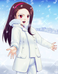  brown_hair coat commentary_request female hairband idolmaster idolmaster_(classic) idolmaster_2 long_hair minase_iori muhi11234 outdoors red_eyes snow snowing solo white_theme 