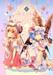  2girls adapted_costume alternate_costume ankle_ribbon ascot asymmetrical_hair bare_shoulders bat_wings black_gloves blue_hair blush commentary_request crystal dress flandre_scarlet full_body gloves gradient_background hair_ribbon hat hat_ribbon high_heels kirero kneehighs kneeling leg_ribbon mob_cap multiple_girls off_shoulder open_mouth orange_hair pocket_watch pointy_ears polka_dot_gloves pout puffy_sleeves red_dress red_eyes remilia_scarlet ribbon short_hair short_sleeves siblings side_ponytail sisters sitting smile socks text_focus touhou watch white_gloves white_legwear wings 