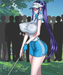  blush breasts choker cloud commentary_request covered_nipples day english_text engrish_text female gloves golf golf_club golf_course grass highres holding holding_golf_club honjou_raita large_breasts long_hair mahou_shoujo_(raita) outdoors perky_breasts playing_sports pointy_breasts polo_shirt puffy_nipples purple_eyes purple_hair ranguage single_glove sky suzuhara_misae sweat tree very_long_hair visor_cap 