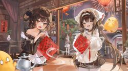  3girls :d absurdres aerial_fireworks apron azur_lane black_hair chang_feng_(azur_lane) chinese_new_year collarbone fireworks fu_po_(azur_lane) hair_ornament hairband highres holding holding_scissors holding_teapot light_blush long_hair looking_at_viewer low_twintails manjuu_(azur_lane) multicolored_hair multiple_girls oerba_yun_fang official_art orange_eyes pom_pom_(clothes) pom_pom_hair_ornament scissors skin_fang smile streaked_hair tai_yuan_(azur_lane) teapot twintails vase very_long_hair waist_apron white_apron white_hair white_hairband 