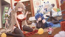  6+girls :/ :3 absurdres ahoge akashi_(azur_lane) anchorage_(azur_lane) animal_ears armpit_crease azur_lane black_garter_belt blonde_hair blue_eyes blue_hair bookshelf bow breasts calligraphy calligraphy_brush cat_ears chibi china_dress chinese_clothes cleavage closed_eyes commentary concentrating dress elbow_gloves fangfangtu feet flat_chest garter_belt garter_straps gloves green_hair grey_hair hair_intakes hairbow highres hongbao indoors ink_splatter jitome laffey_(azur_lane) laffey_ii_(azur_lane) lantern large_breasts long_hair lying manjuu_(azur_lane) multiple_girls new_jersey_(azur_lane) new_jersey_(dancing_in_the_moonlight)_(azur_lane) no_shoes official_alternate_costume on_stomach open_mouth paintbrush paper_lantern pink_hair purple_eyes red_dress saratoga_(azur_lane) shimakaze_(azur_lane) sitting sleeping sleeveless sleeveless_dress sleeves_past_fingers sleeves_past_wrists smile soles stuffed_carrot stuffed_torpedo symbol-only_commentary tech_box_(azur_lane) the_pose toes twintails very_long_hair walking wariza white_bow yellow_eyes 