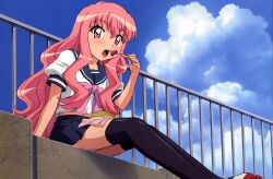  absurdres blush knee_socks long_hair louise_fran&ccedil;oise_le_blanc_de_la_valli&egrave;re navel pink_eyes pink_hair school_uniform short_sleeves sitting sky thighhighs zero_no_tsukaima zettai_ryouiki 