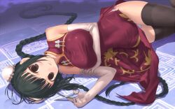  black_hair braid breasts brown_eyes chinadress chinese_dress elbow_gloves gloves green_hair gundam gundam_00 high_res large_breasts long_hair lying oppai pantsu qipao scissors stockings thighhighs torn_clothes uni very_long_hair wallpaper wang_liu_mei 