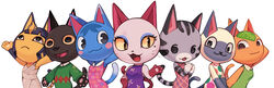  6+girls :3 animal_crossing animal_ears ankha_(animal_crossing) arched_back argyle_clothes argyle_dress arm_behind_head arm_up arms_up bandages bare_shoulders black_eyes blonde_hair blue_eyeshadow blue_hair blunt_bangs breasts brown_eyes cat_ears cat_tail closed_mouth colored_sclera commentary dress egyptian eyeshadow flat_chest floral_print furry furry_female green_dress green_sweater hair_ornament hand_on_own_hip hand_up hands_up happy highres kiki_(animal_crossing) leaf leaning_forward lolly_(animal_crossing) looking_at_another looking_at_viewer looking_to_the_side looking_up makeup medium_breasts mitzi_(animal_crossing) mole mole_under_eye multicolored_clothes multicolored_dress multicolored_hair multiple_girls olivia_(animal_crossing) open_mouth outstretched_arms own_hands_together pawpads pink_dress plaid plaid_dress praise_the_sun purple_dress rosie_(animal_crossing) shiny_skin shirt short_hair simple_background sleeveless sleeveless_dress small_breasts smile snake_hair_ornament spread_arms standing sweater tail tangy_(animal_crossing) tuxedo_de_cat two-tone_hair upper_body v_arms whiskers white_background white_dress white_shirt yellow_sclera 