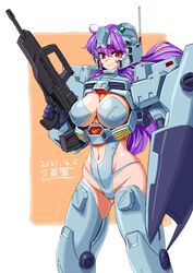  ass_visible_through_thighs breasts cleavage clothing_cutout dated female floating_hair gm_custom gun gundam gundam_0083 helmet holding holding_gun holding_shield holding_weapon humanization large_breasts long_hair mecha_musume michi_kuso navel navel_cutout purple_hair radio_antenna red_eyes shield smile solo v-shaped_eyebrows weapon 