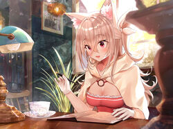  :d animal_ear_fluff animal_ears blurry blurry_background book breasts capelet cleavage commentary_request cup day depth_of_field desk desk_lamp dress female frilled_dress frills glass_plate glass_teacup gloves gyozanuko hair_between_eyes highres holding holding_pen hood hood_down hooded_capelet indoors lamp light_brown_hair long_hair looking_away looking_down medium_breasts nib_pen_(object) one_side_up open_book open_mouth original pen picture_frame red_dress red_eyes saucer smile solo sunlight teacup transparent very_long_hair white_capelet white_gloves window 