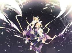  1boy aqua_eyes belt black_background black_legwear black_shorts black_sleeves blonde_hair bloom bow commentary debris detached_sleeves female floating full_body grey_shorts hair_ornament hairbow hairclip hand_on_own_chest headphones kagamine_len kagamine_len_(append) kagamine_rin kagamine_rin_(append) leaning_forward leg_up leg_warmers looking_at_viewer looking_back pendant_choker shirt short_hair short_ponytail shorts sleeveless sleeveless_shirt spiked_hair suzumi_(fallxalice) swept_bangs thighhighs treble_clef vocaloid vocaloid_append white_bow white_shirt zettai_ryouiki 